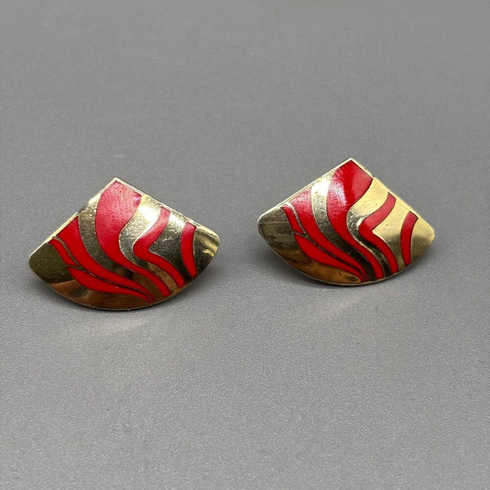 Vintage Nusi Enamel Earrings Red Wave Gold Tone Geometric Fan Art Deco Stud '90s